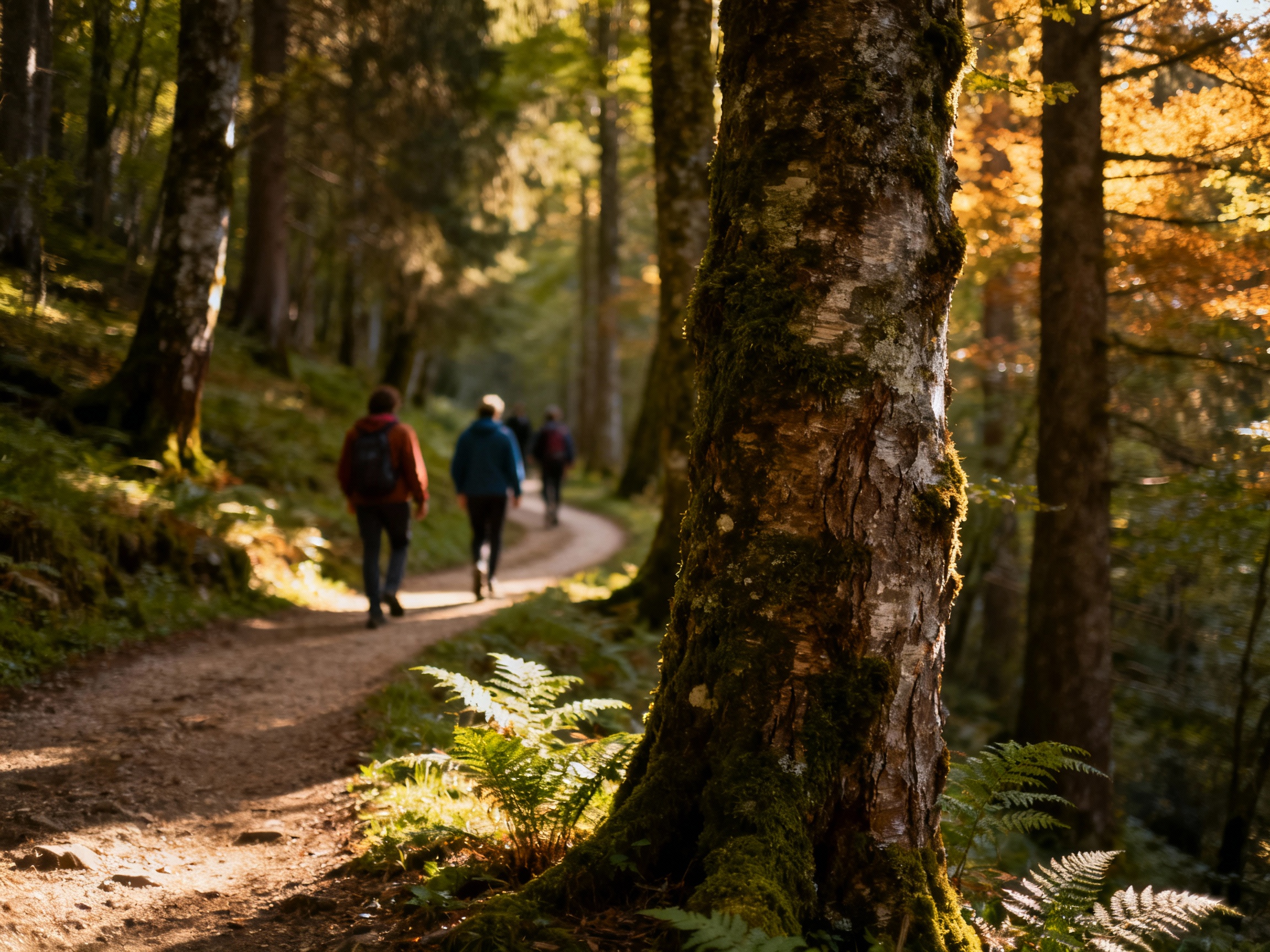 Persone che camminano su un sentiero nel bosco autunnale, tra alberi alti e luce calda filtrata tra le foglie