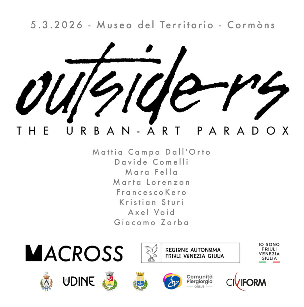 Locandina dell'evento "Outsiders: The Urban Art Paradox" che si terrà il 5 marzo 2026 al Museo del Territorio di Cormòns, con l'elenco degli artisti partecipanti e i loghi istituzionali.