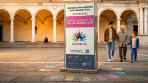 Totem sulla Giornata delle Malattie Rare (28 febbraio) in una piazza con impronte di mani colorate a terra e tre persone che passeggiano accanto.