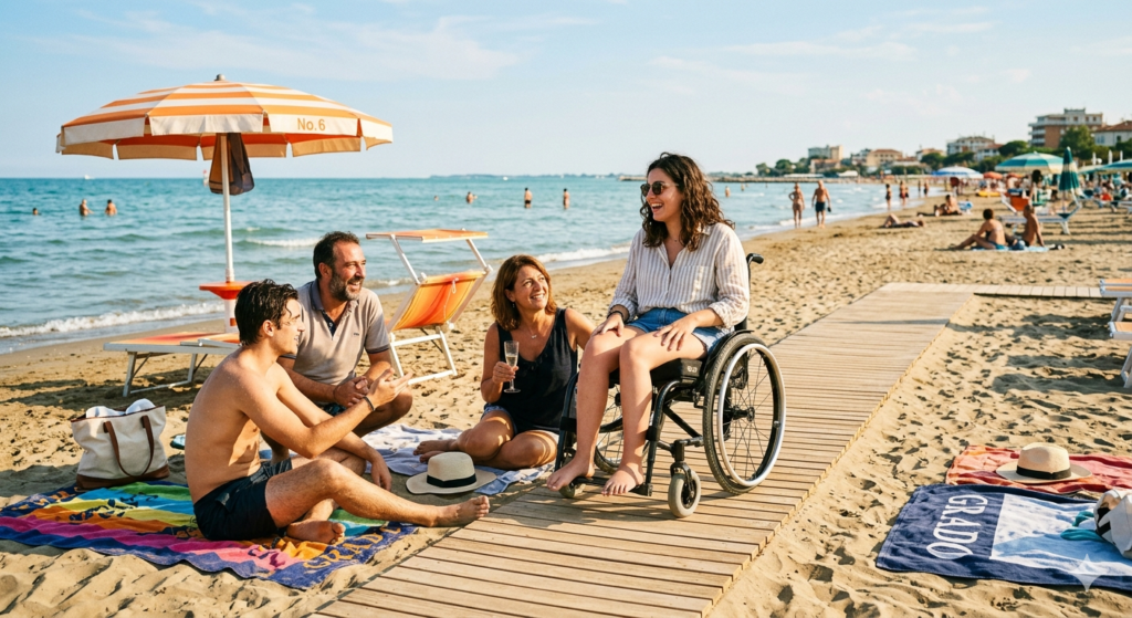 Un gruppo di amici si diverte sulla spiaggia accessibile di Grado, con una donna in sedia a rotelle che ride e un ombrellone a strisce arancioni e bianche.