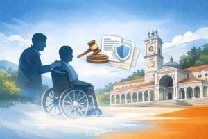 Illustrazione orizzontale: una persona spinge una persona in sedia a rotelle; sopra compaiono simboli della tutela legale come martelletto del giudice, documenti e scudo, con sullo sfondo un edificio pubblico con torre dell’orologio.