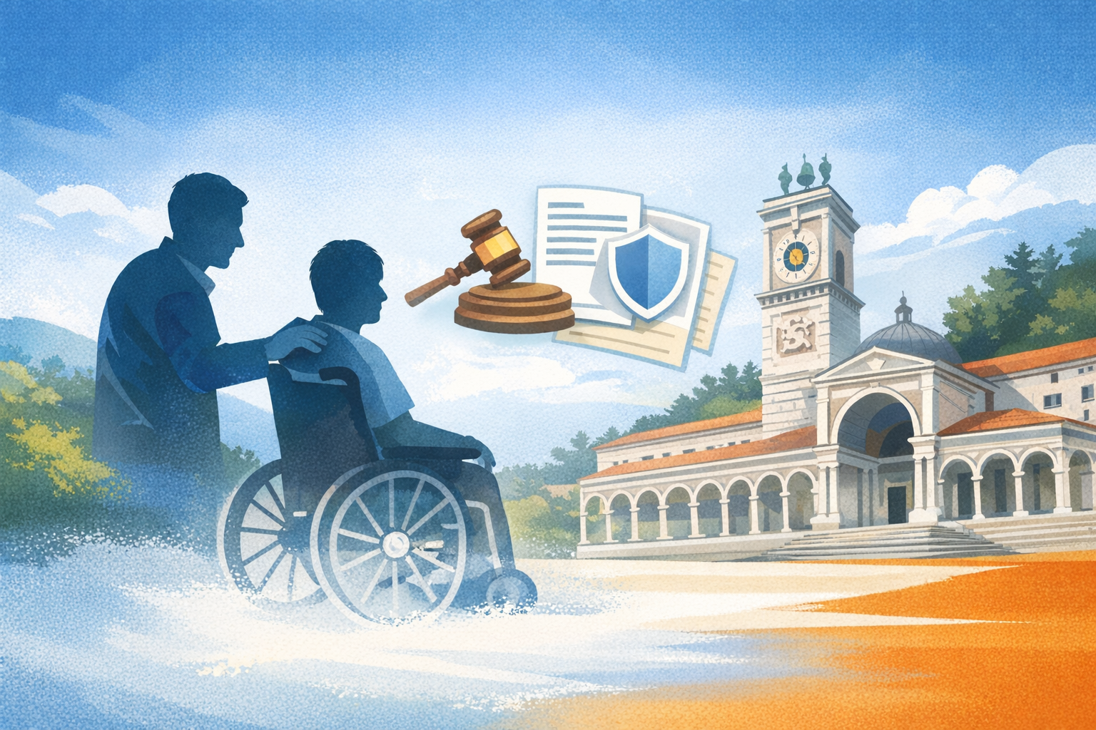 Illustrazione orizzontale: una persona spinge una persona in sedia a rotelle; sopra compaiono simboli della tutela legale come martelletto del giudice, documenti e scudo, con sullo sfondo un edificio pubblico con torre dell’orologio.