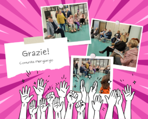 Grafica rosa con collage di foto dell’incontro dei donatori della Comunità Piergiorgio e illustrazioni di mani alzate in segno di ringraziamento.