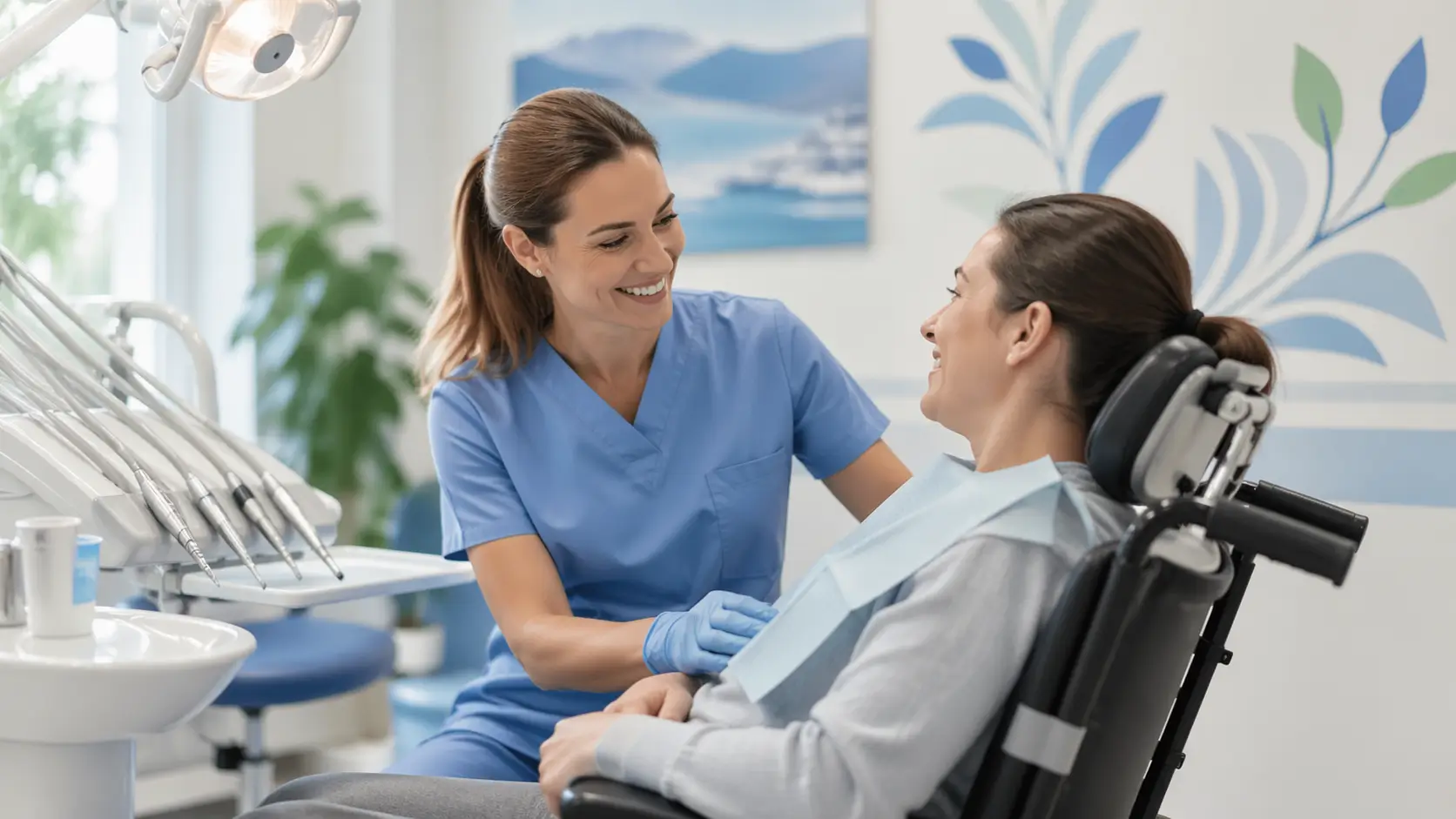Dentista sorridente assiste una paziente seduta sulla poltrona in uno studio odontoiatrico moderno.
