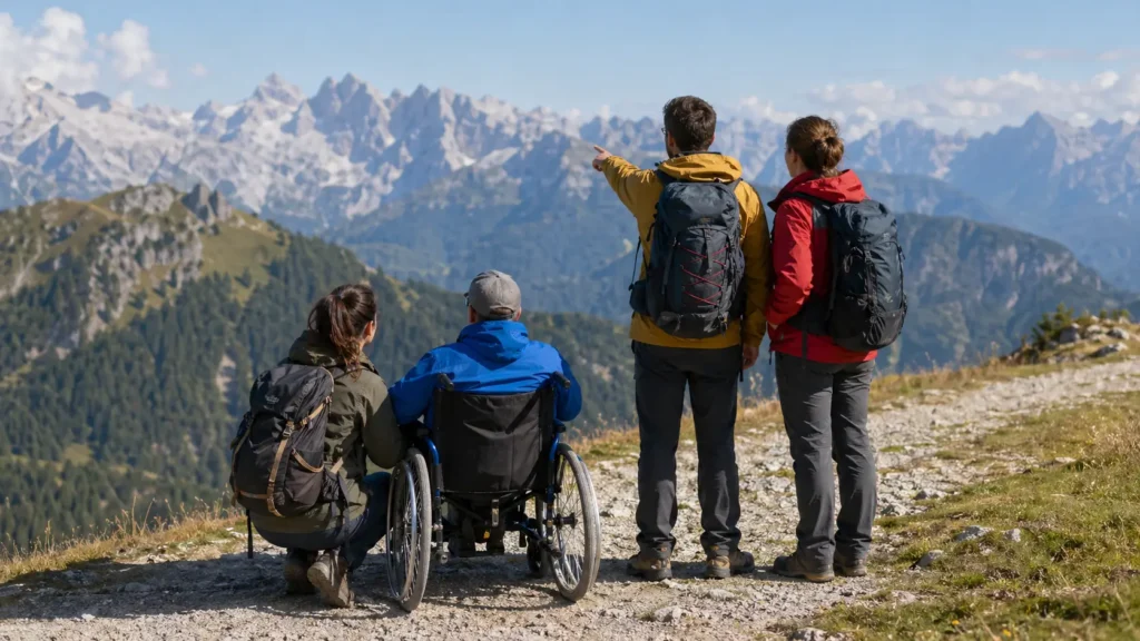 Escursionisti in montagna, tra cui una persona in sedia a rotelle, osservano insieme un panorama di alte vette alpine in una giornata limpida, simbolo di inclusione e accesso alla natura.