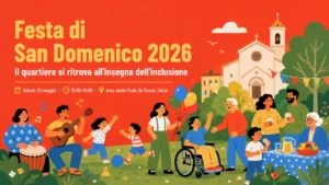Illustrazione della Festa di San Domenico 2026: persone di diverse età si ritrovano in un parco per giochi, musica e momenti di inclusione.