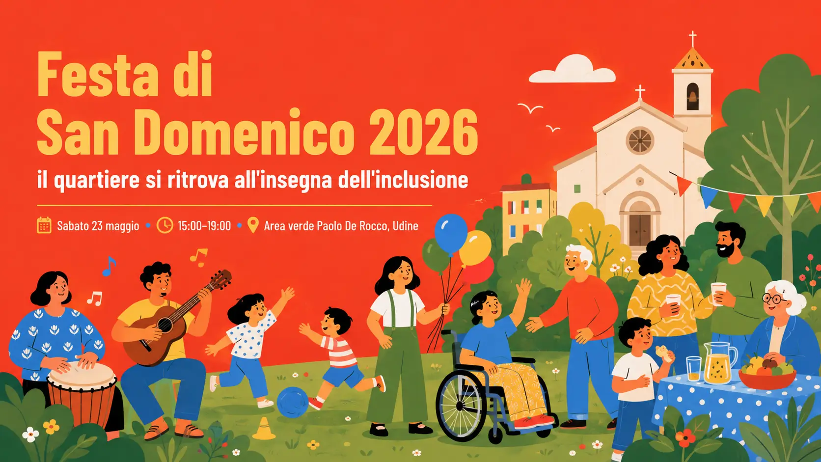 Illustrazione della Festa di San Domenico 2026: persone di diverse et&agrave; si ritrovano in un parco per giochi, musica e momenti di inclusione.