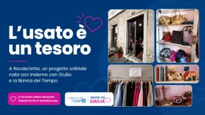 Locandina del progetto solidale "L'usato è un tesoro" a Ravascletto, promosso da Insieme con Giulia e dalla Banca del Tempo. A destra alcune foto dello spazio: l'ingresso del negozio, borse, abbigliamento appeso, libri e giochi per bambini, bigiotteria. Il ricavato viene devoluto interamente in beneficenza.