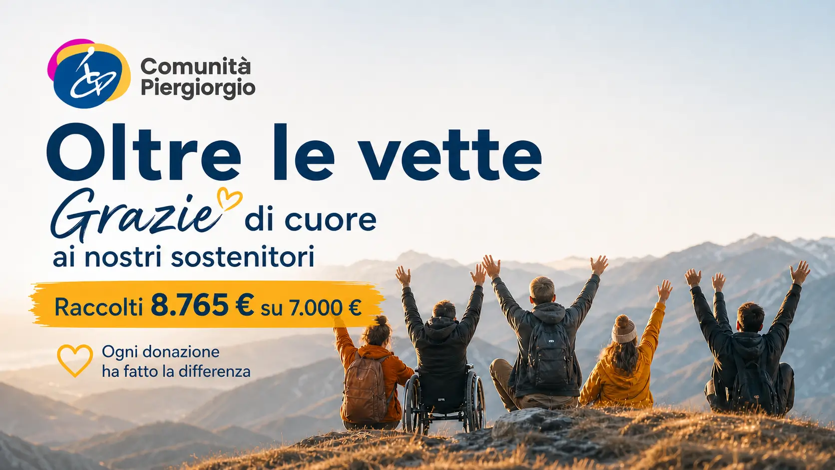 Grafica della Comunit&agrave; Piergiorgio con il messaggio &ldquo;Oltre le vette, grazie di cuore ai nostri sostenitori&rdquo;. Sullo sfondo, un gruppo di persone, tra cui alcune in carrozzina, alza le braccia davanti a un panorama montano. Testo in evidenza: &ldquo;Raccolti 8.765 &euro; su 7.000 &euro;&rdquo; e &ldquo;Ogni donazione ha fatto la differenza&rdquo;