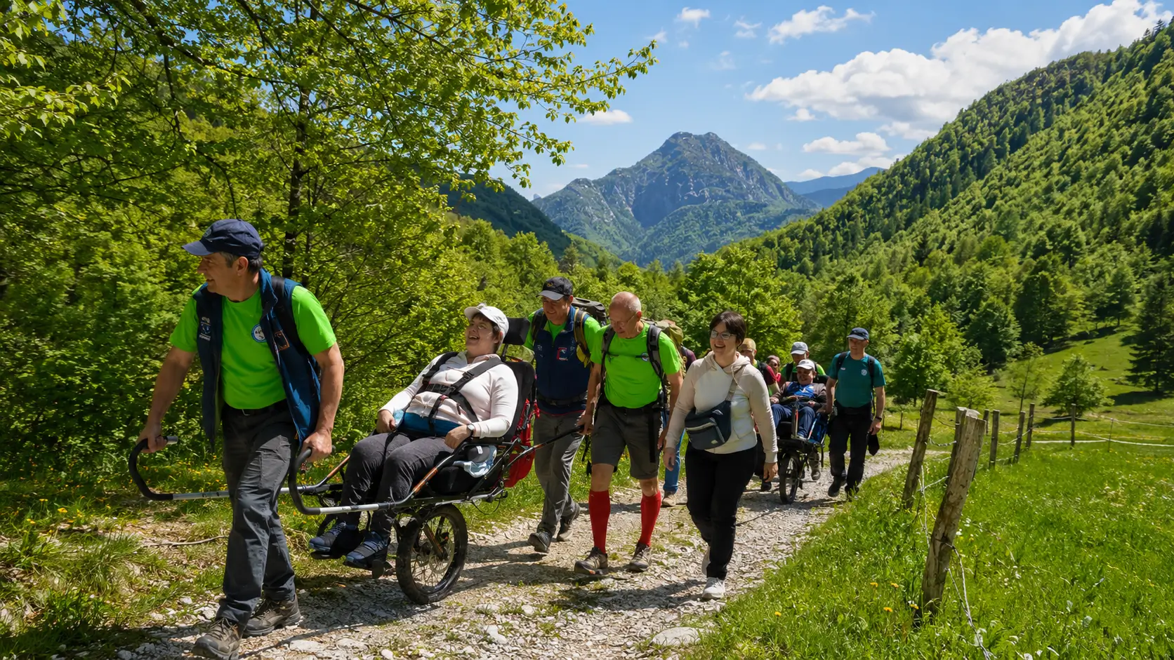 Escursione inclusiva al Pian dei Ciclamini: volontari e partecipanti percorrono un sentiero di montagna con due Jolette, tra prati verdi, boschi e cime delle Prealpi Giulie sullo sfondo.