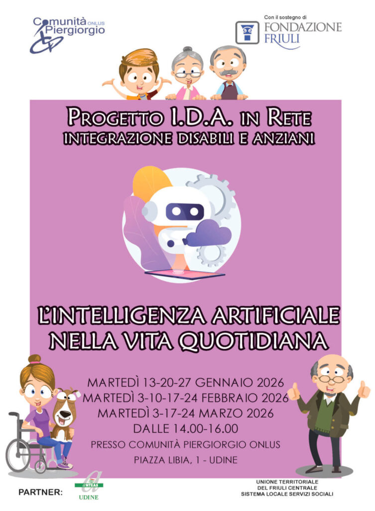 Locandina del corso L'Intelligenza Artificiale nella vita quotidiana, Progetto IDA in Rete, Comunità Piergiorgio ONLUS Udine, gennaio-marzo 2026