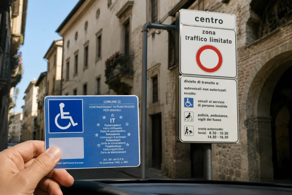 Una mano regge il contrassegno europeo di parcheggio per disabili davanti al cartello di ingresso a una Zona a Traffico Limitato.