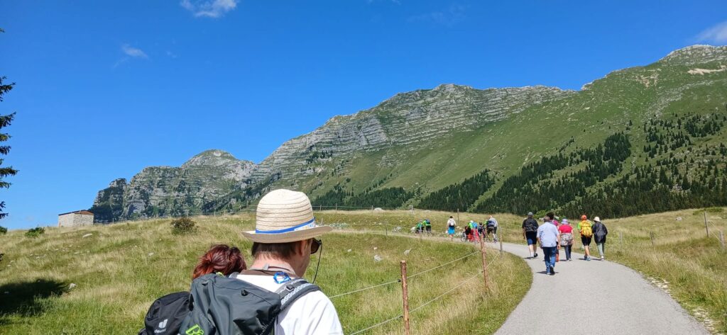 Escursionisti in cammino sulla strada verso Malga Montasio, con le pareti rocciose delle Alpi Giulie sullo sfondo