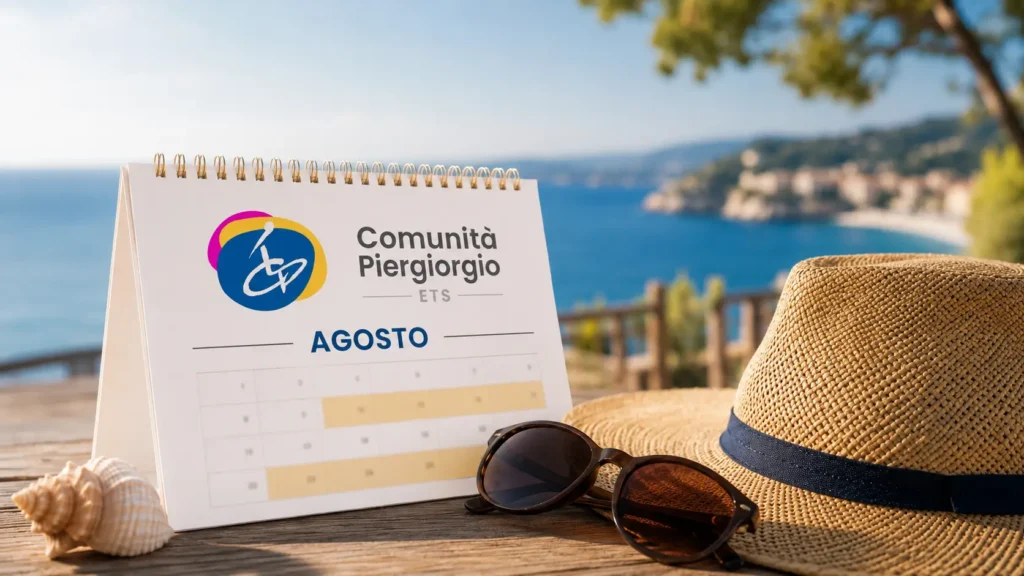 Calendario da tavolo di agosto con il logo della Comunità Piergiorgio ETS, accanto a un cappello di paglia e occhiali da sole, sullo sfondo il mare.