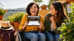 Due donne sorridenti su una terrazza soleggiata, una in carrozzina mostra su un tablet il portale FVG per tutti del turismo accessibile