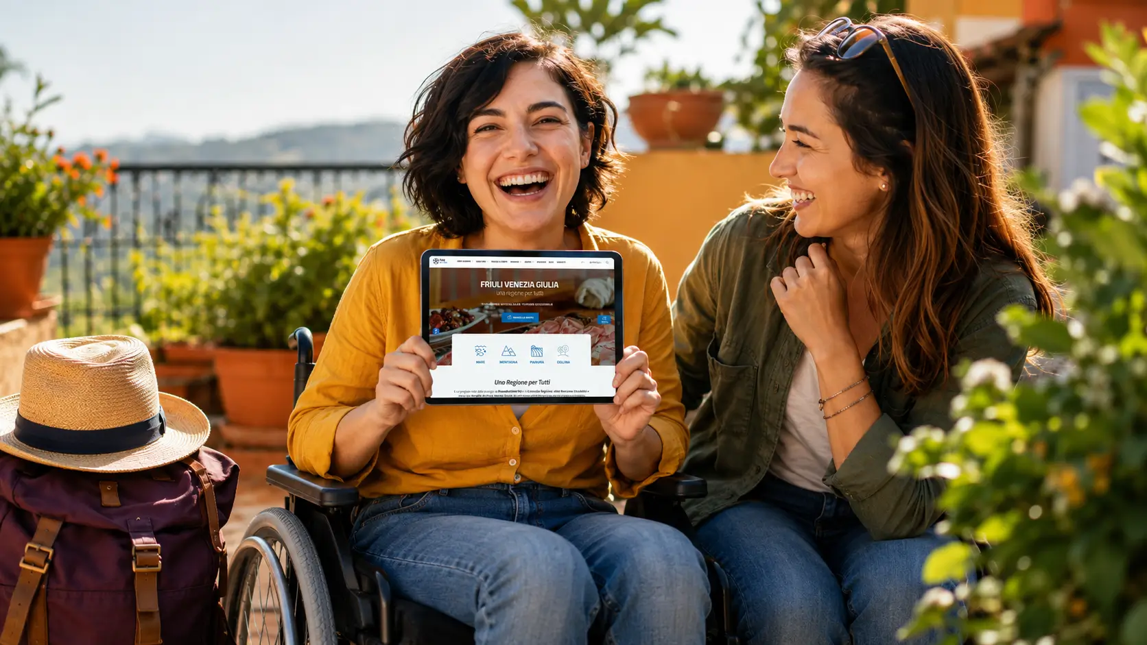 Due donne sorridenti su una terrazza soleggiata, una in carrozzina mostra su un tablet il portale FVG per tutti del turismo accessibile
