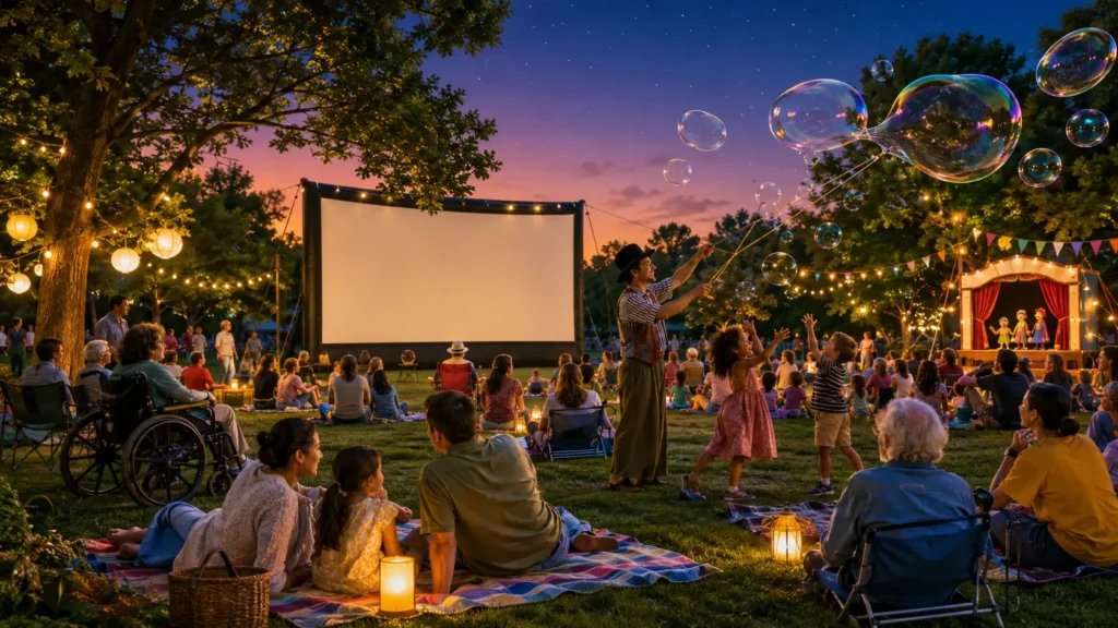 Famiglie nel parco tra cinema all'aperto, bolle di sapone e teatrino dei burattini in una serata estiva.