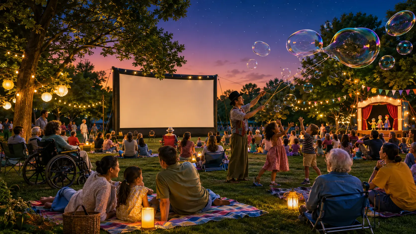 Famiglie nel parco tra cinema all'aperto, bolle di sapone e teatrino dei burattini in una serata estiva.