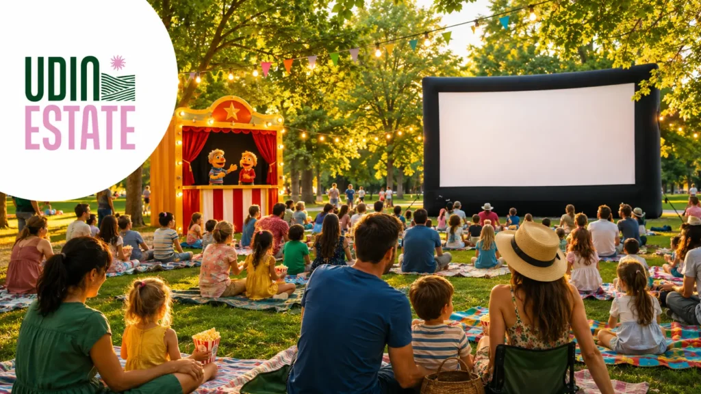 Famiglie sedute nel parco assistono a uno spettacolo di burattini e a un cinema all’aperto, in un’atmosfera estiva e colorata; in alto a sinistra compare il logo “Udine Estate”.