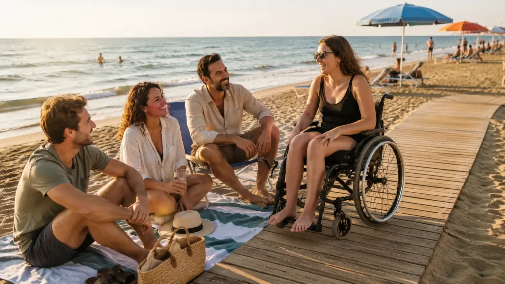 Ragazza in carrozzina su una passerella in spiaggia insieme ad amici, esempio di turismo accessibile al mare