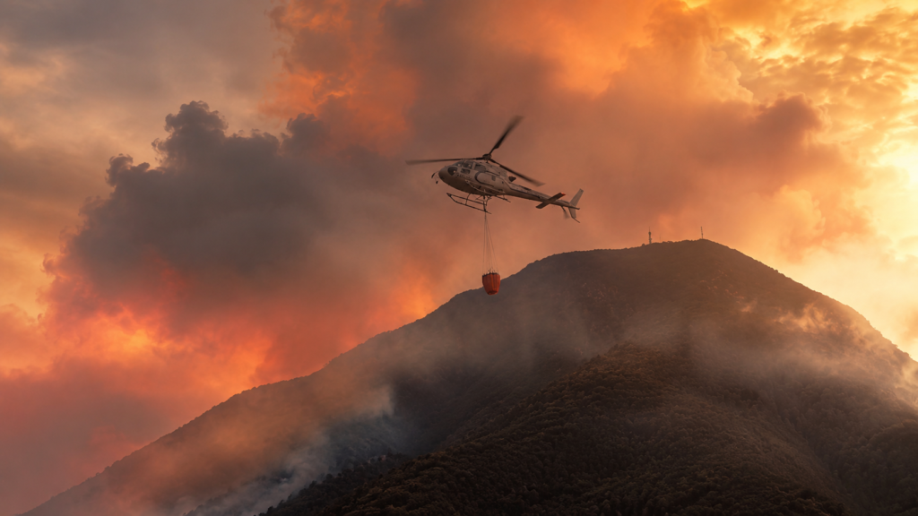 Elicottero antincendio con benna d'acqua sospesa in volo sopra un monte avvolto dal fumo dell'incendio