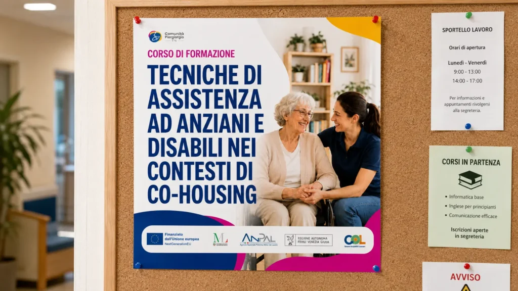Volantino del corso “Tecniche di assistenza ad anziani e disabili nei contesti di co-housing” della Comunità Piergiorgio ETS, esposto su una bacheca informativa.