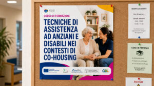 Volantino del corso “Tecniche di assistenza ad anziani e disabili nei contesti di co-housing” della Comunità Piergiorgio ETS, esposto su una bacheca informativa.