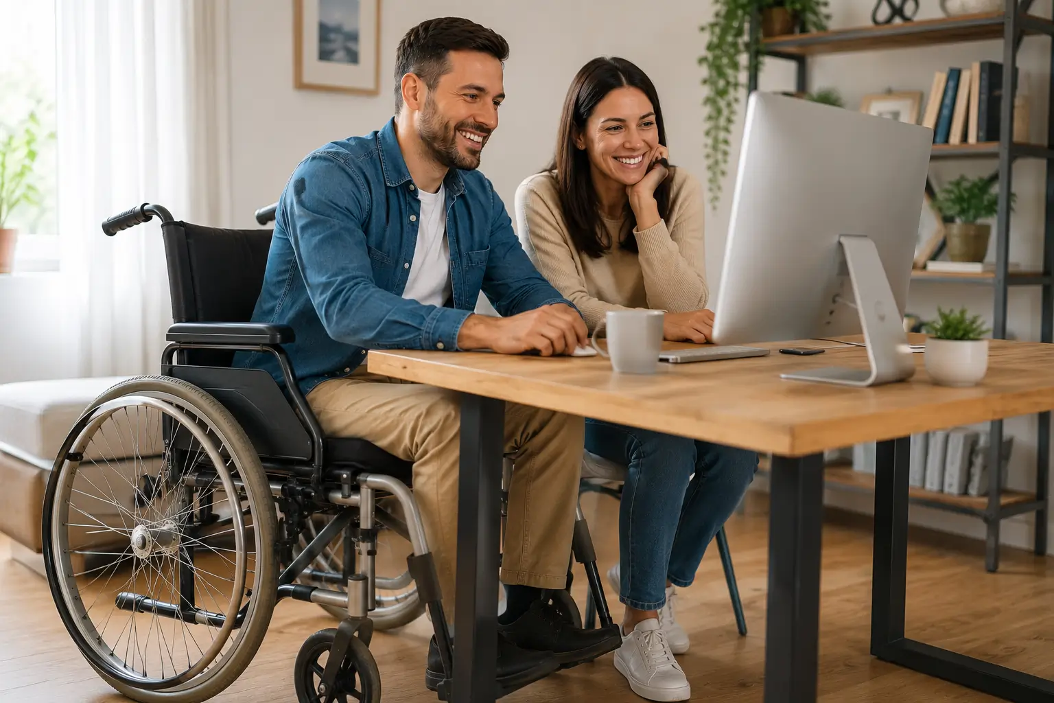 Coppia sorridente al computer: lui è in carrozzina e insieme consultano contenuti online.