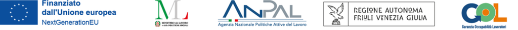 Loghi dei finanziatori del programma GOL: Unione Europea – NextGenerationEU, Ministero del Lavoro e delle Politiche Sociali, ANPAL, Regione Autonoma Friuli Venezia Giulia e GOL.