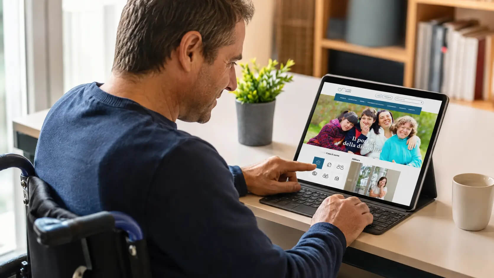 Uomo in carrozzina consulta il Portale regionale della disabilità del Friuli Venezia Giulia su un tablet.