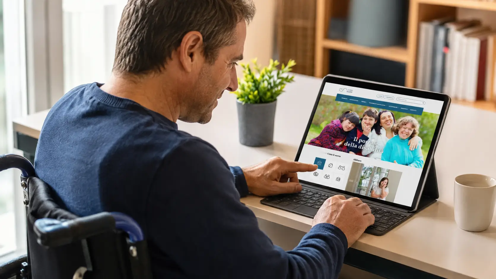 Uomo in carrozzina consulta il Portale regionale della disabilit&agrave; del Friuli Venezia Giulia su un tablet.