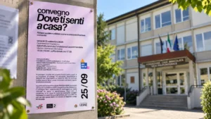 Locandina del convegno “Dove ti senti a casa?” esposta all’esterno della Fondazione Casa Immacolata di Udine.