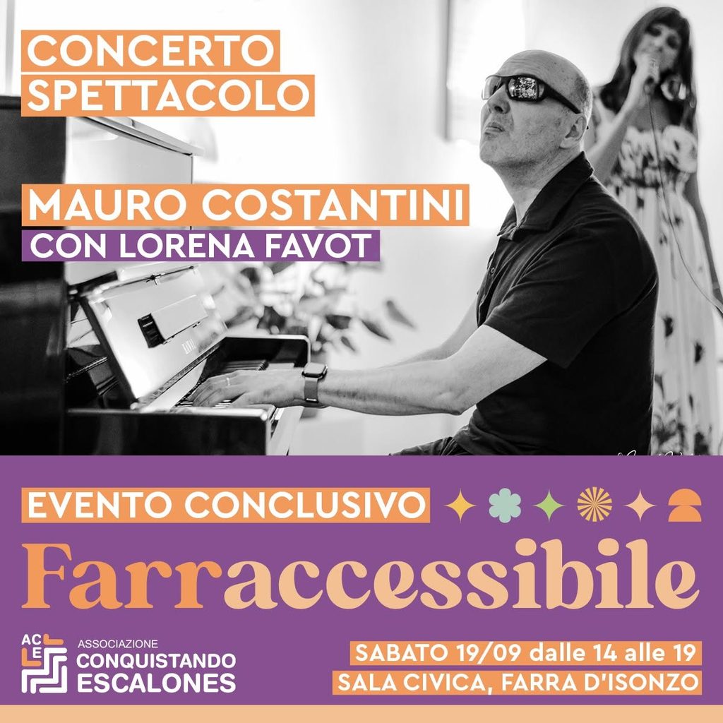 Locandina del concerto spettacolo “Mauro Costantini con Lorena Favot”, con pianista al piano e cantante sullo sfondo.