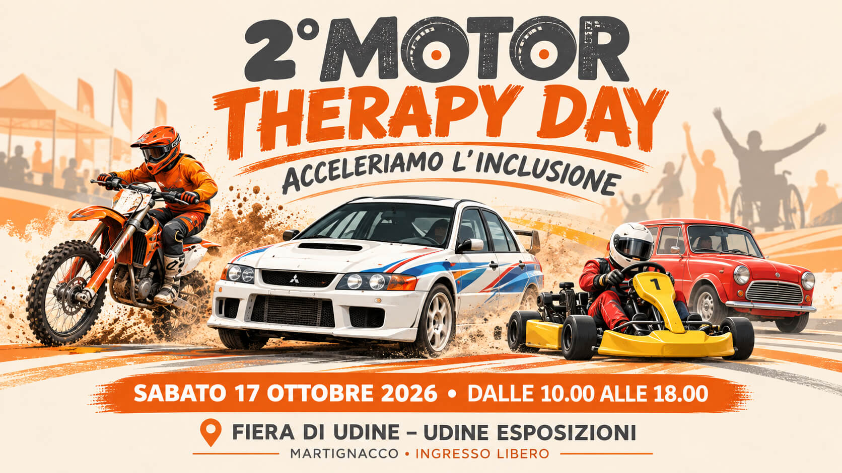 Locandina del 2° Motor Therapy Day con moto da cross, auto da rally e go-kart in primo piano e informazioni sull’evento del 17 ottobre 2026 alla Fiera di Udine.
