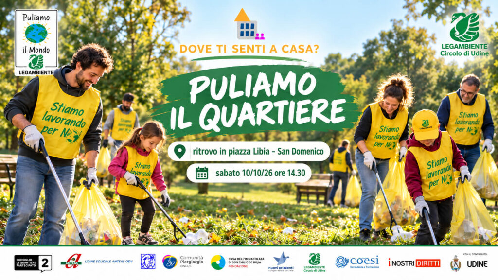 Volontari adulti e bambini raccolgono rifiuti in un parco per l’iniziativa “Puliamo il quartiere”, in programma sabato 10 ottobre 2026 alle 14.30 in piazza Libia, a San Domenico, nell’ambito del progetto “Dove ti senti a casa?”.