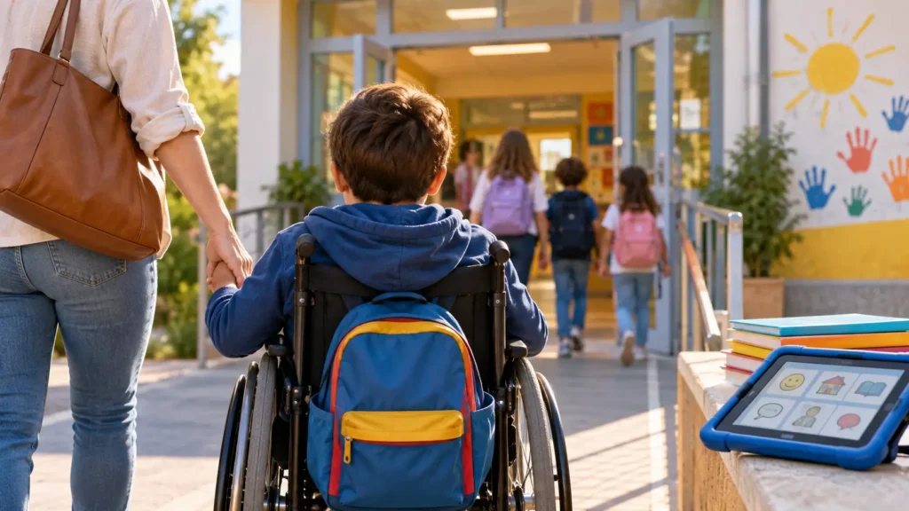 Bambino in sedia a rotelle entra a scuola accompagnato da un adulto, mentre altri alunni lo precedono verso l’ingresso; in primo piano si vede anche un tablet con simboli per la comunicazione, in un contesto scolastico accogliente e luminoso.