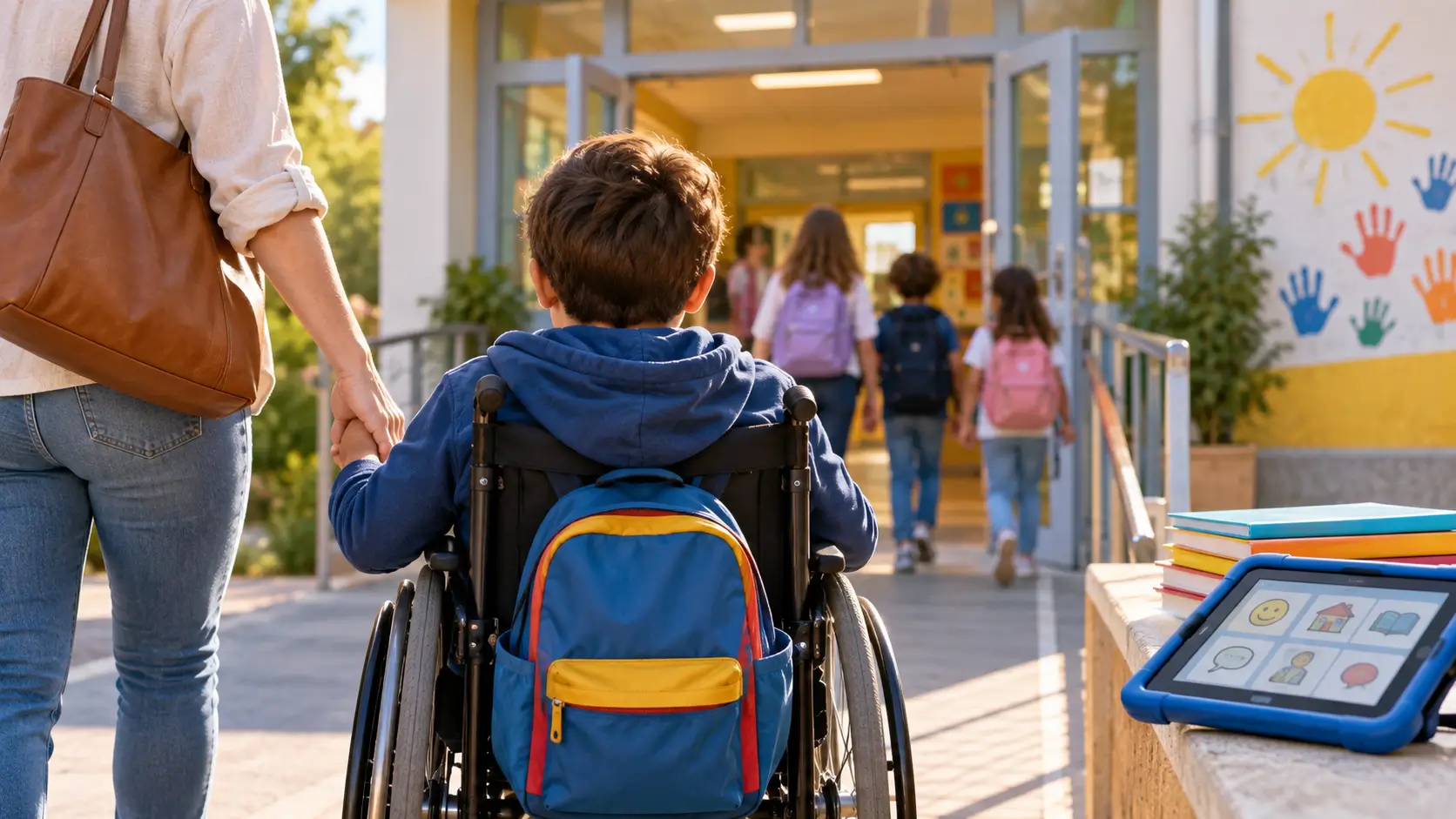 Bambino in sedia a rotelle entra a scuola accompagnato da un adulto, mentre altri alunni lo precedono verso l’ingresso; in primo piano si vede anche un tablet con simboli per la comunicazione, in un contesto scolastico accogliente e luminoso.