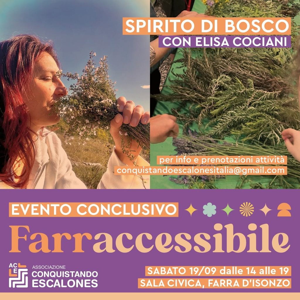 Locandina di “Spirito di bosco” con Elisa Cociani, dedicato alle erbe spontanee e alla natura.