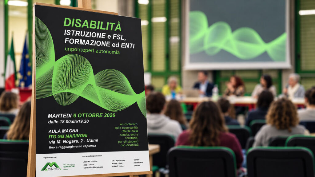 Locandina dell’incontro “Disabilità: istruzione e FSL, formazione ed enti” su un cavalletto in un’aula magna, con pubblico seduto e relatori al tavolo sullo sfondo.
