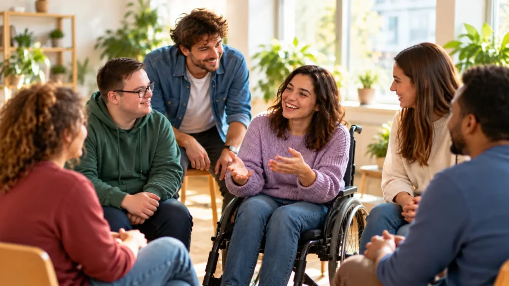 Un gruppo di giovani adulti, tra cui una donna in sedia a rotelle, partecipa a una conversazione in cerchio in un ambiente luminoso e accogliente, esprimendo ascolto, inclusione e condivisione.
