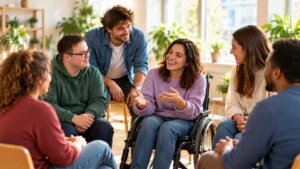 Un gruppo di giovani adulti, tra cui una donna in sedia a rotelle, partecipa a una conversazione in cerchio in un ambiente luminoso e accogliente, esprimendo ascolto, inclusione e condivisione.