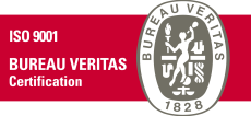 Logo “ISO 9001 Bureau Veritas Certification” su sfondo rosso, con marchio Bureau Veritas in grande a destra.